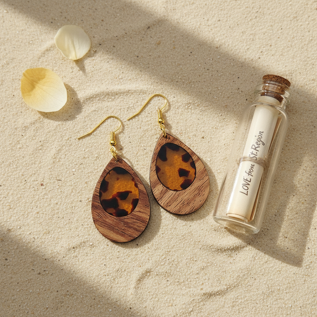 Amber Clear Resin & Wood Goldtone Patchwork Teardrop Hook Earrings
