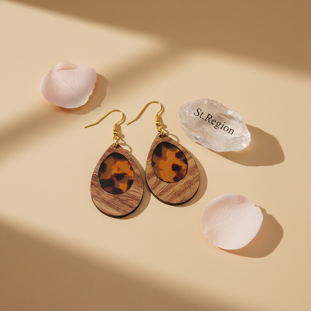 Amber Clear Resin & Wood Goldtone Patchwork Teardrop Hook Earrings