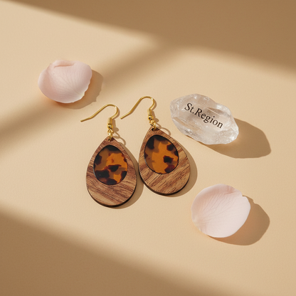 Amber Clear Resin & Wood Goldtone Patchwork Teardrop Hook Earrings