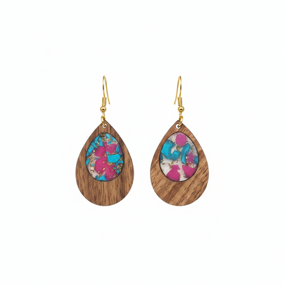 Blue & Rose Resin Wood Goldtone Patchwork Teardrop Hook Earrings