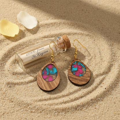 Blue & Rose Resin Wood Goldtone Patchwork Teardrop Hook Earrings