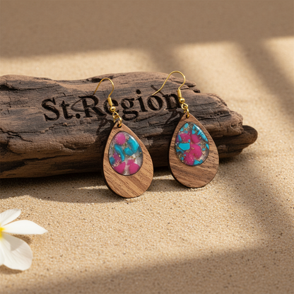 Blue & Rose Resin Wood Goldtone Patchwork Teardrop Hook Earrings
