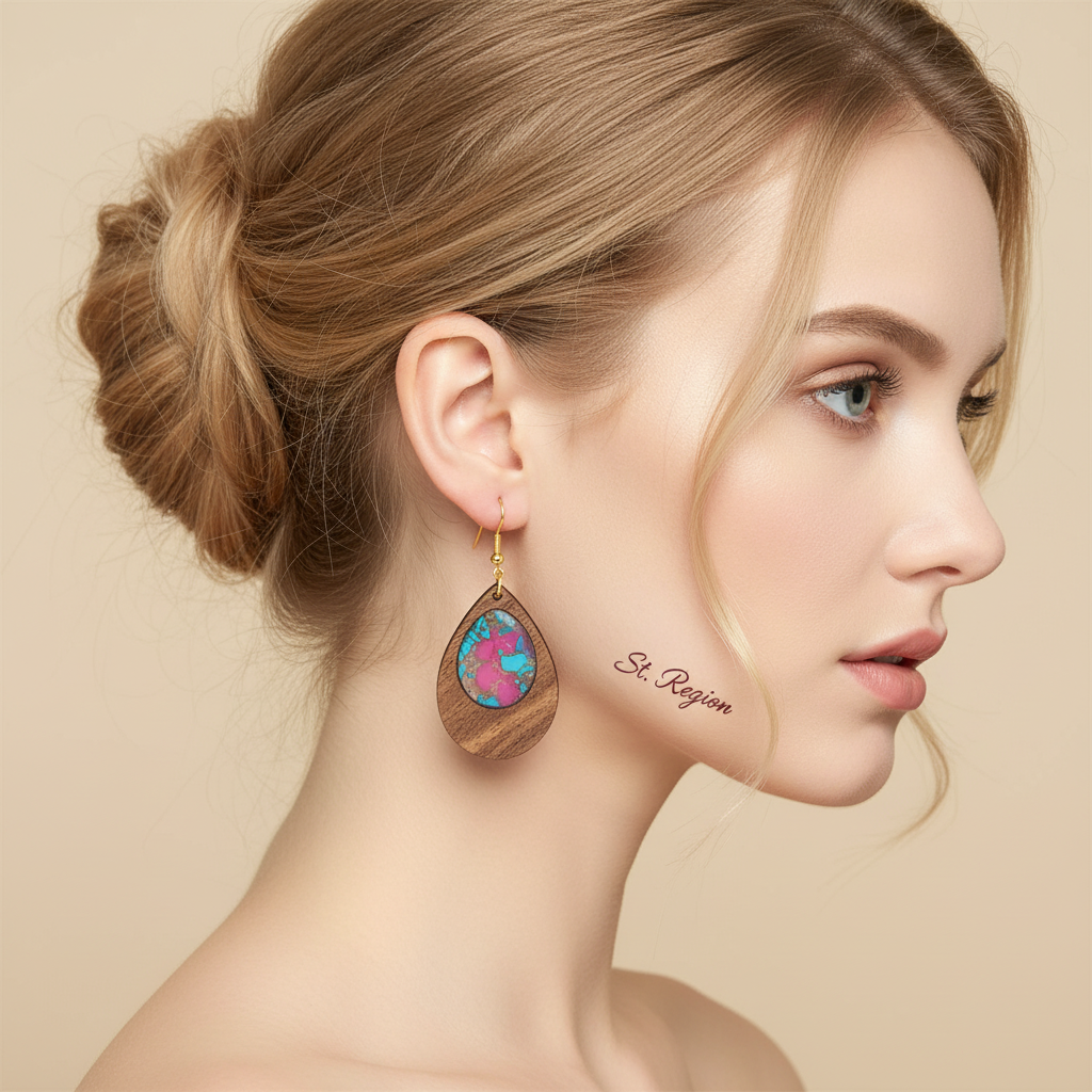 Blue & Rose Resin Wood Goldtone Patchwork Teardrop Hook Earrings