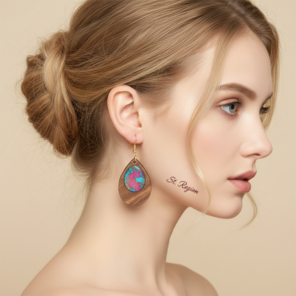 Blue & Rose Resin Wood Goldtone Patchwork Teardrop Hook Earrings