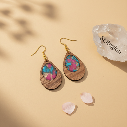 Blue & Rose Resin Wood Goldtone Patchwork Teardrop Hook Earrings