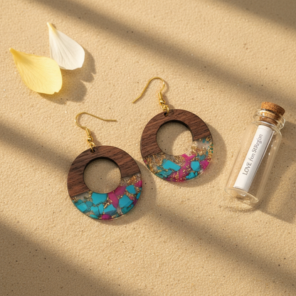 Blue & Rose Resin Wood Goldtone Patchwork Open Circular Hook Earrings