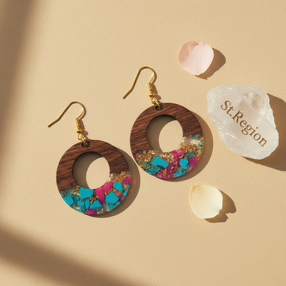 Blue & Rose Resin Wood Goldtone Patchwork Open Circular Hook Earrings
