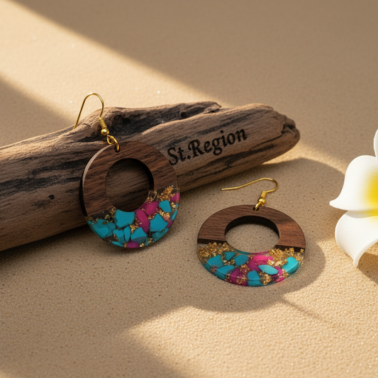 Blue & Rose Resin Wood Goldtone Patchwork Open Circular Hook Earrings