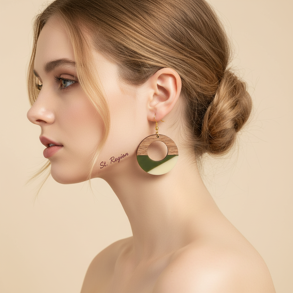 Green & White Resin Wood Goldtone Patchwork Open Circular Hook Earrings