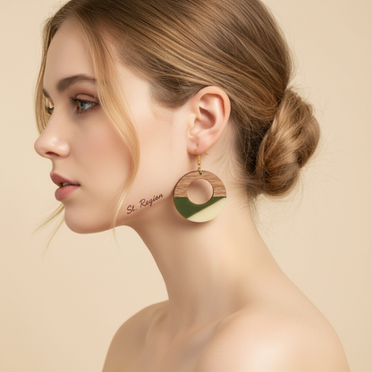 Green & White Resin Wood Goldtone Patchwork Open Circular Hook Earrings
