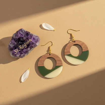 Green & White Resin Wood Goldtone Patchwork Open Circular Hook Earrings