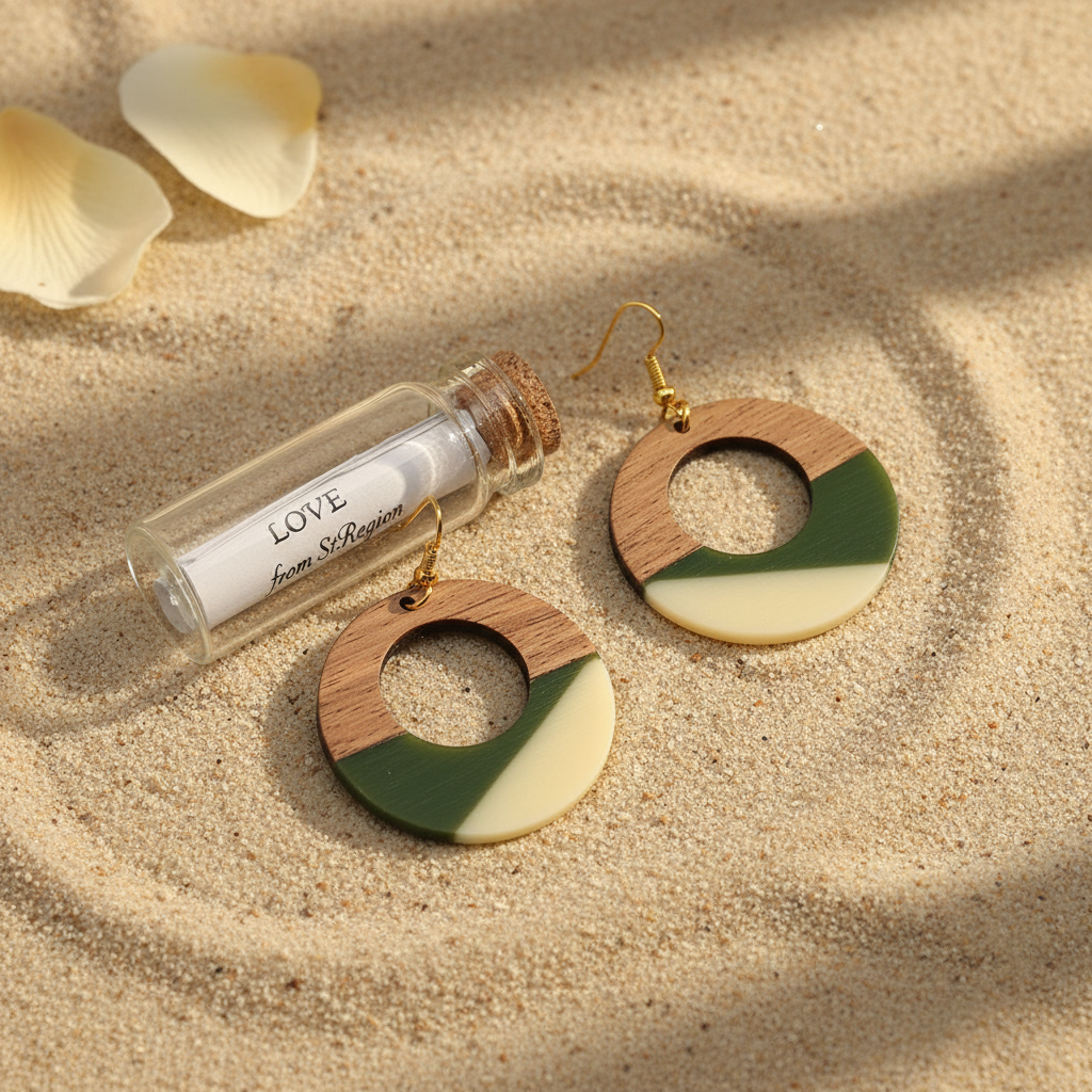 Green & White Resin Wood Goldtone Patchwork Open Circular Hook Earrings