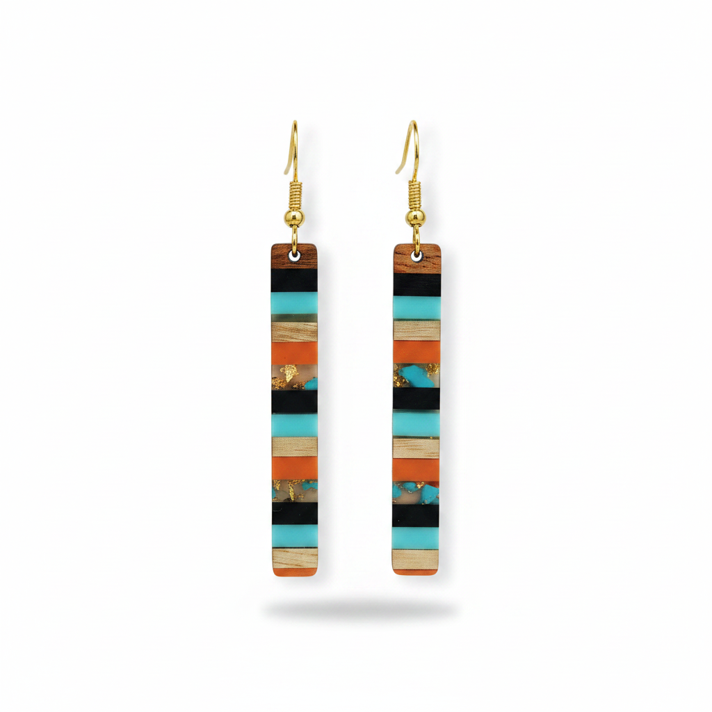 Blue & Orange Resin Wood Goldtone Striped Bar Hook Earrings