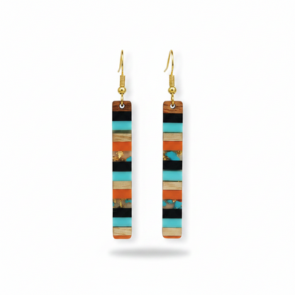 Blue & Orange Resin Wood Goldtone Striped Bar Hook Earrings