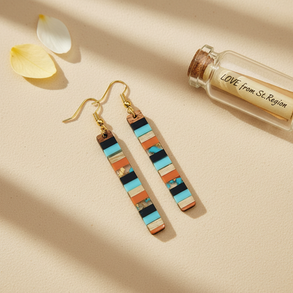 Blue & Orange Resin Wood Goldtone Striped Bar Hook Earrings