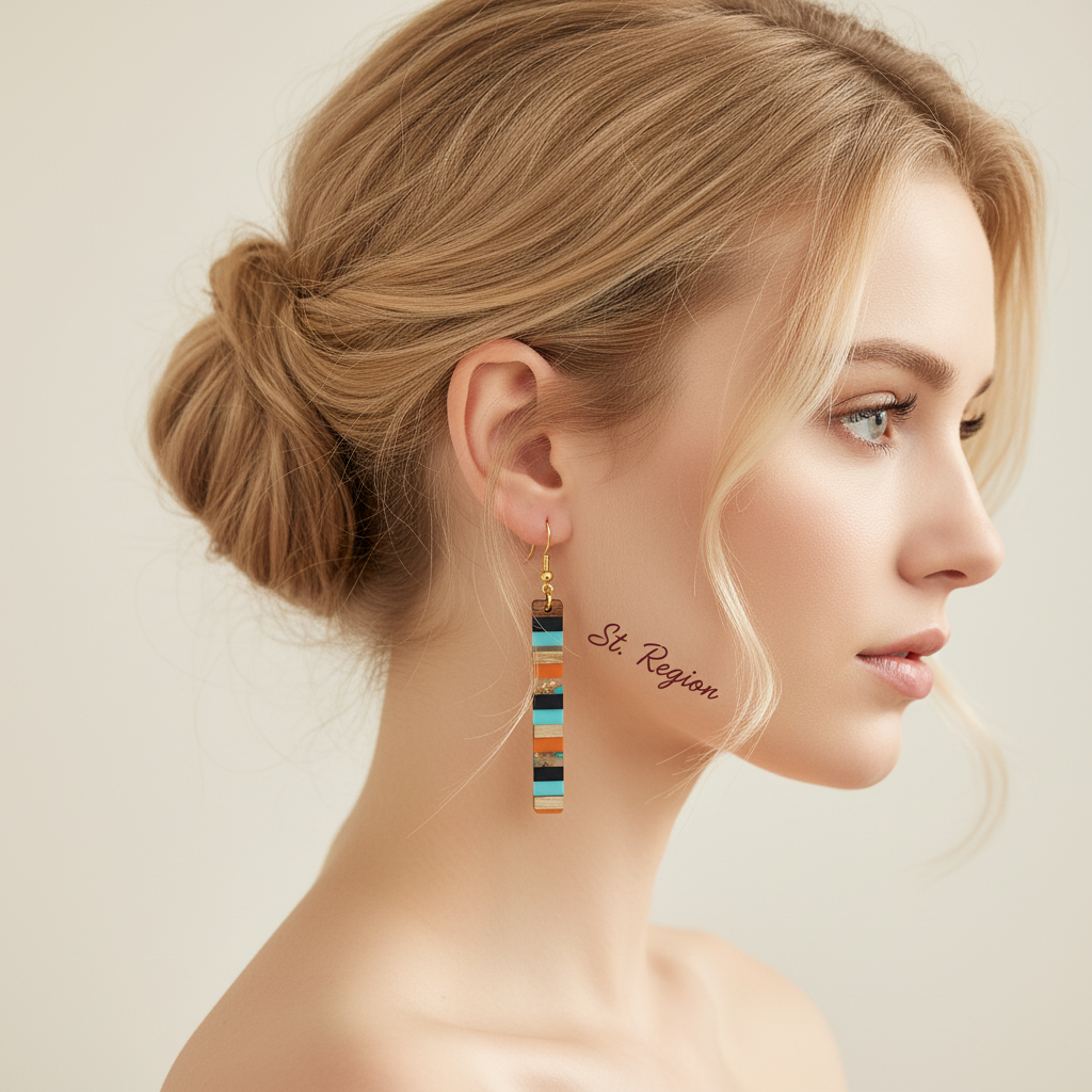 Blue & Orange Resin Wood Goldtone Striped Bar Hook Earrings