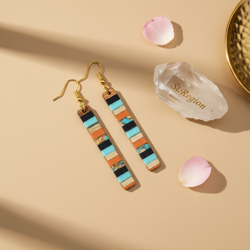 Blue & Orange Resin Wood Goldtone Striped Bar Hook Earrings