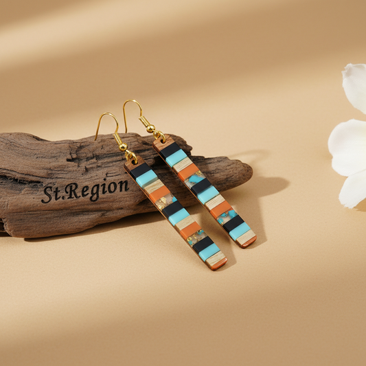 Blue & Orange Resin Wood Goldtone Striped Bar Hook Earrings