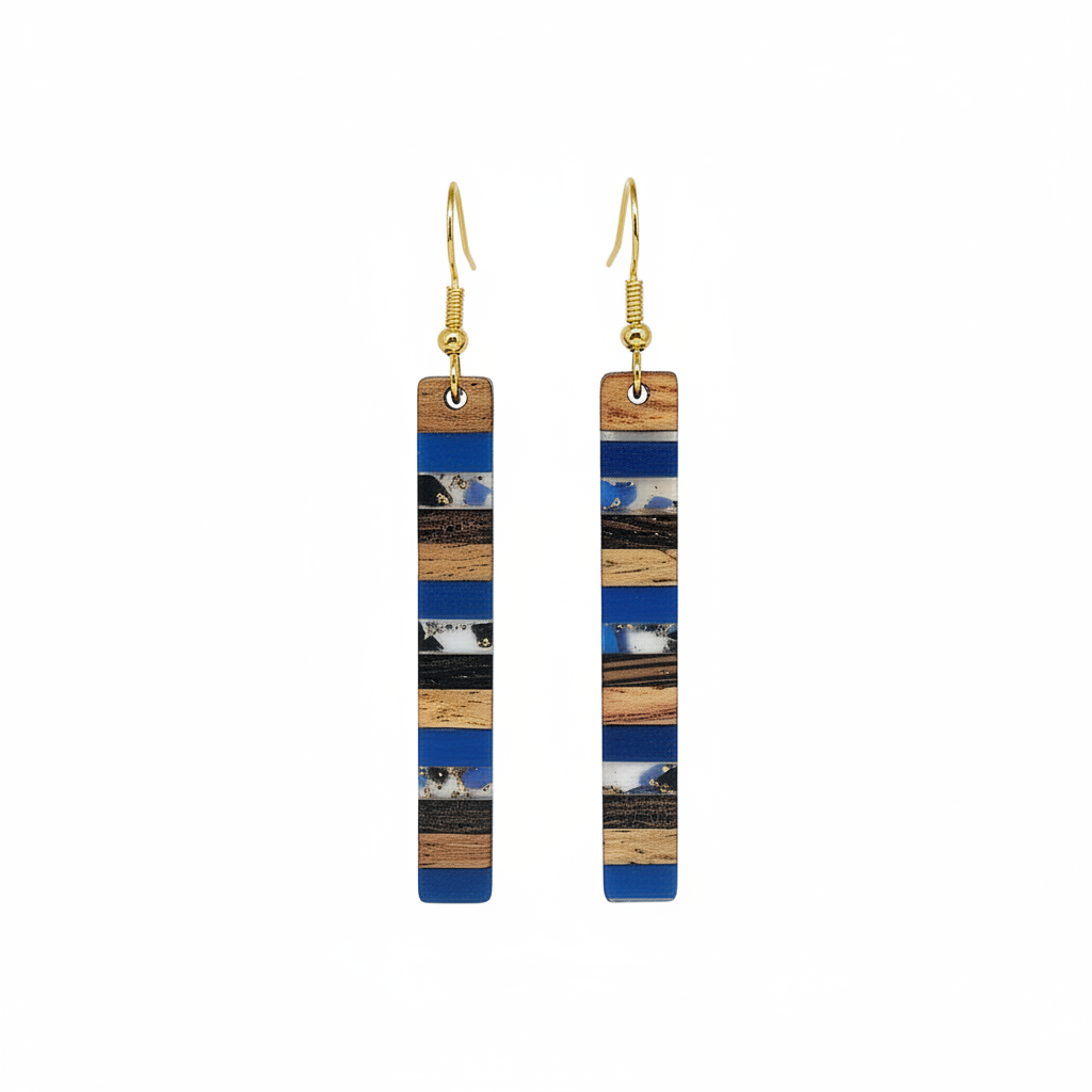 Royal Blue Resin & Wood Goldtone Striped Bar Hook Earrings