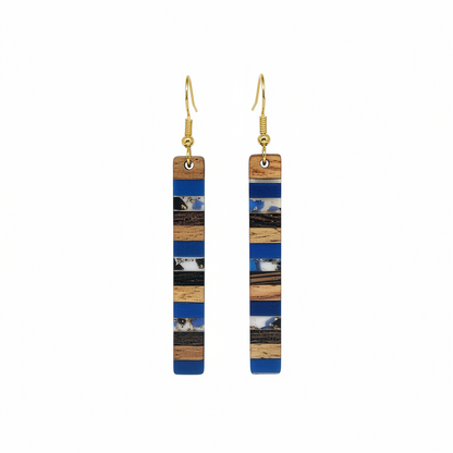 Royal Blue Resin & Wood Goldtone Striped Bar Hook Earrings