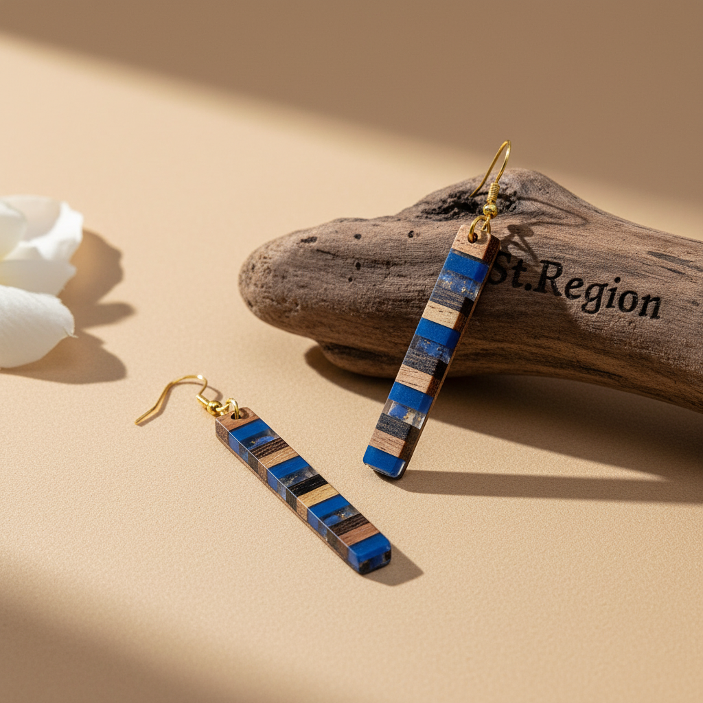Royal Blue Resin & Wood Goldtone Striped Bar Hook Earrings