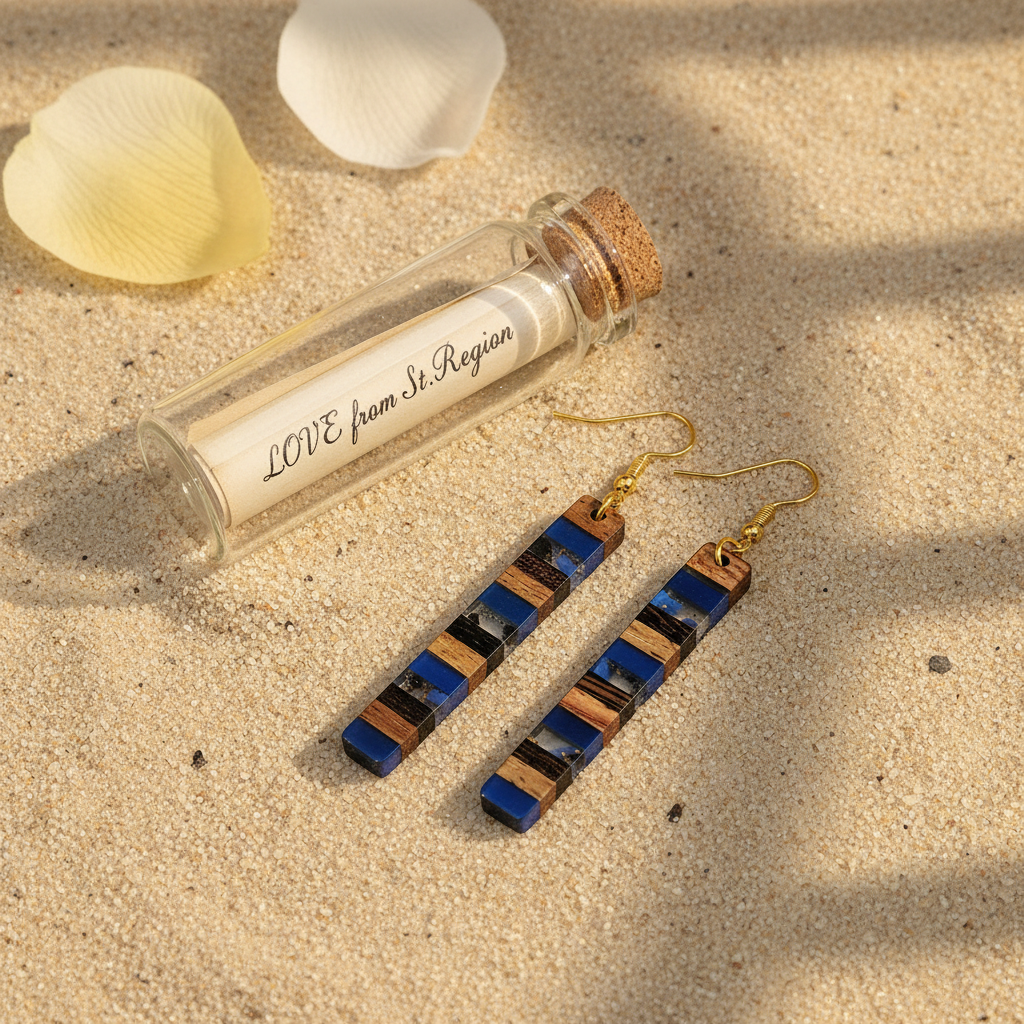 Royal Blue Resin & Wood Goldtone Striped Bar Hook Earrings