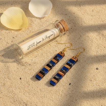 Royal Blue Resin & Wood Goldtone Striped Bar Hook Earrings