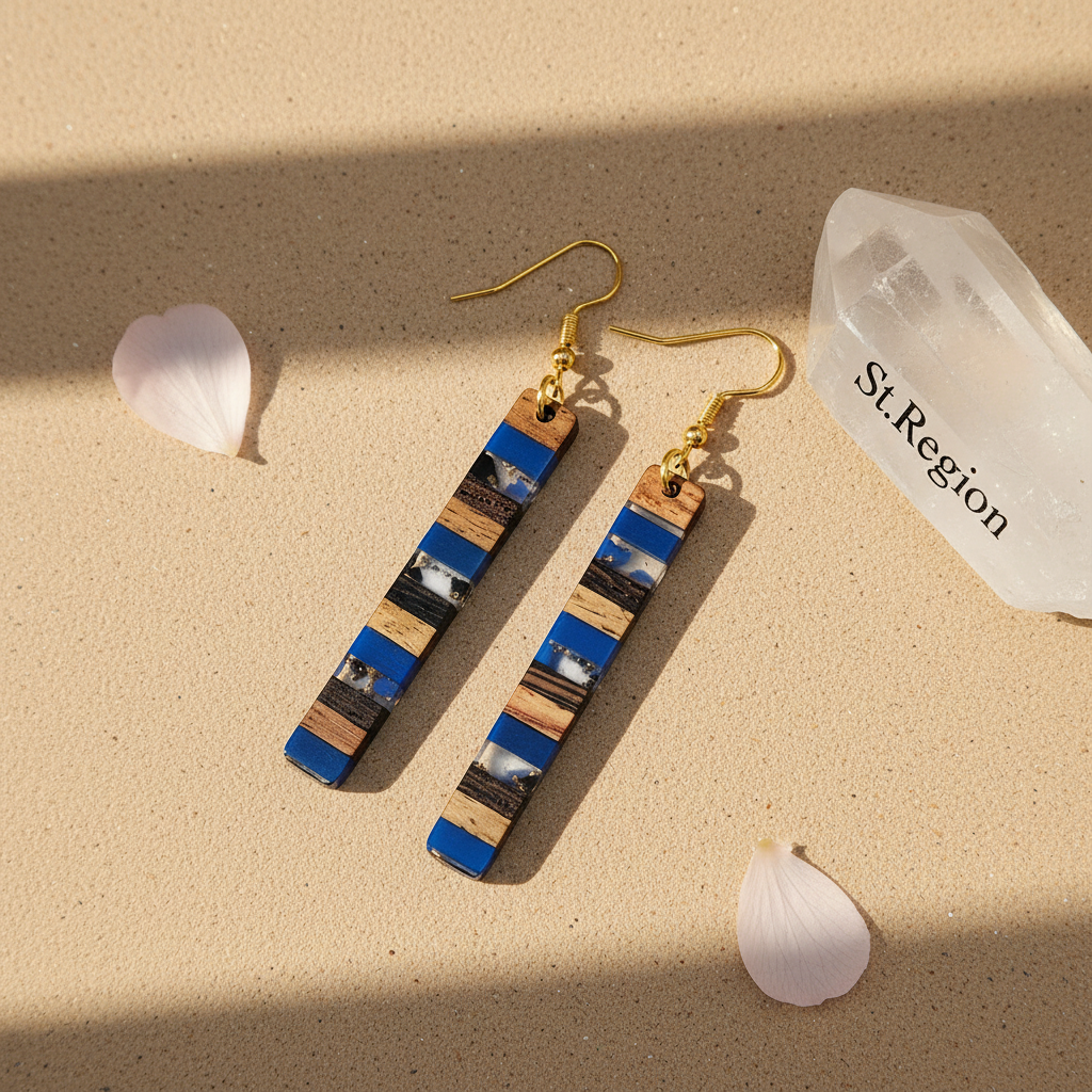Royal Blue Resin & Wood Goldtone Striped Bar Hook Earrings