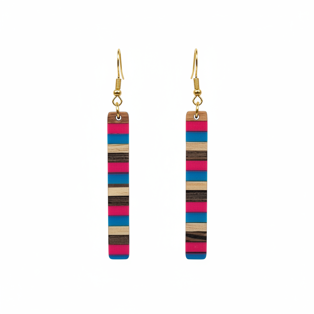 Rose & Blue Resin Wood Goldtone Striped Bar Hook Earrings