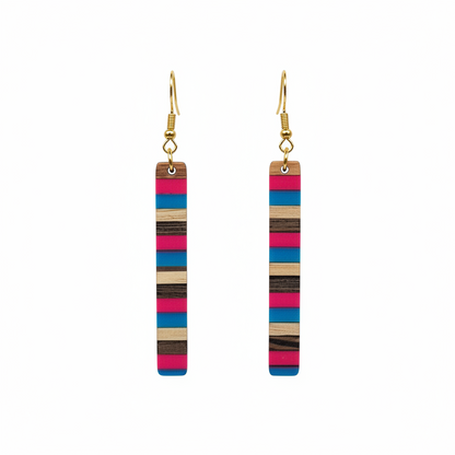 Rose & Blue Resin Wood Goldtone Striped Bar Hook Earrings