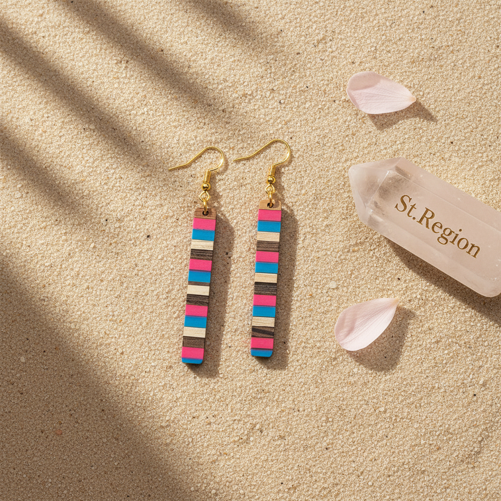 Rose & Blue Resin Wood Goldtone Striped Bar Hook Earrings