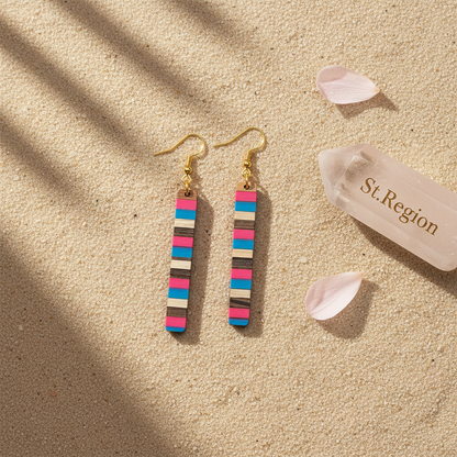 Rose & Blue Resin Wood Goldtone Striped Bar Hook Earrings