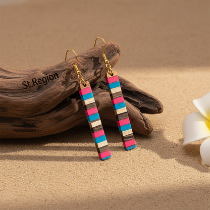 Rose & Blue Resin Wood Goldtone Striped Bar Hook Earrings