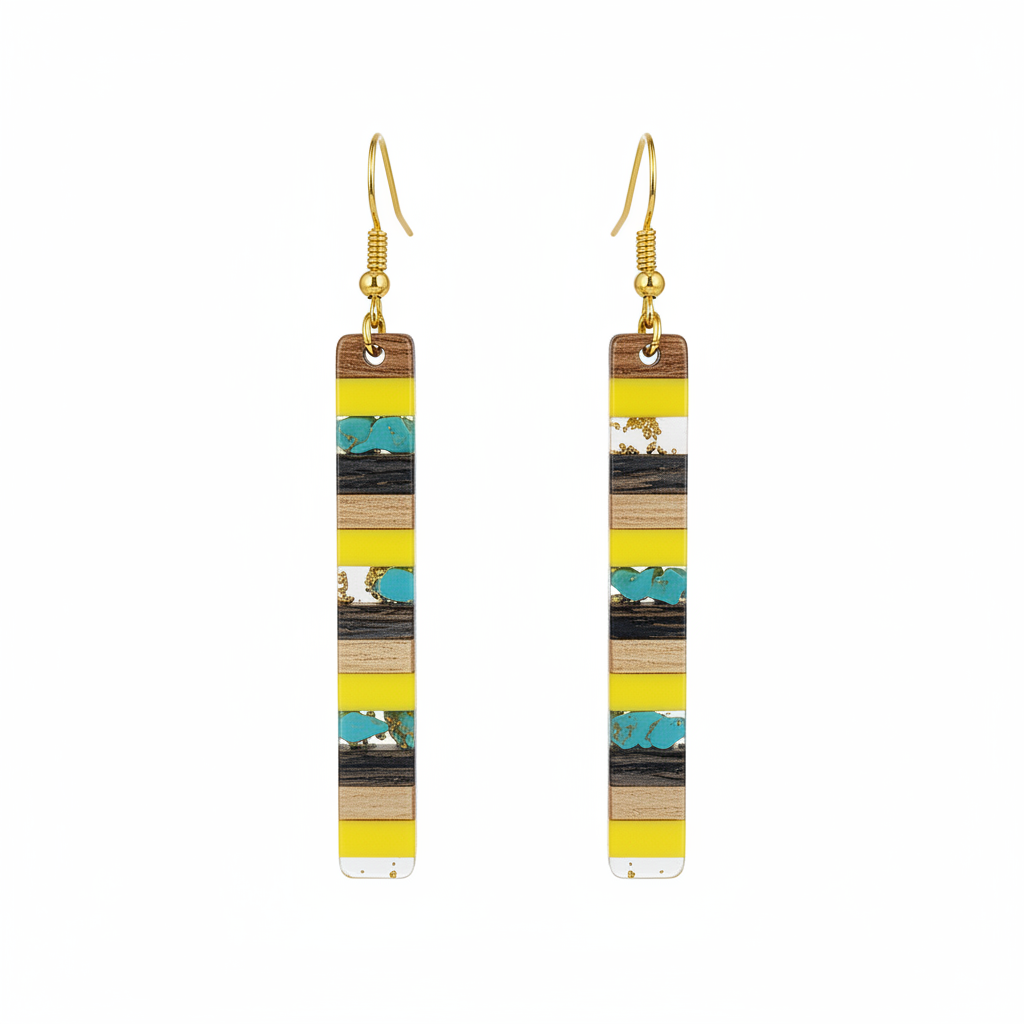 Yellow Resin & Wood Goldtone Striped Bar Hook Earrings