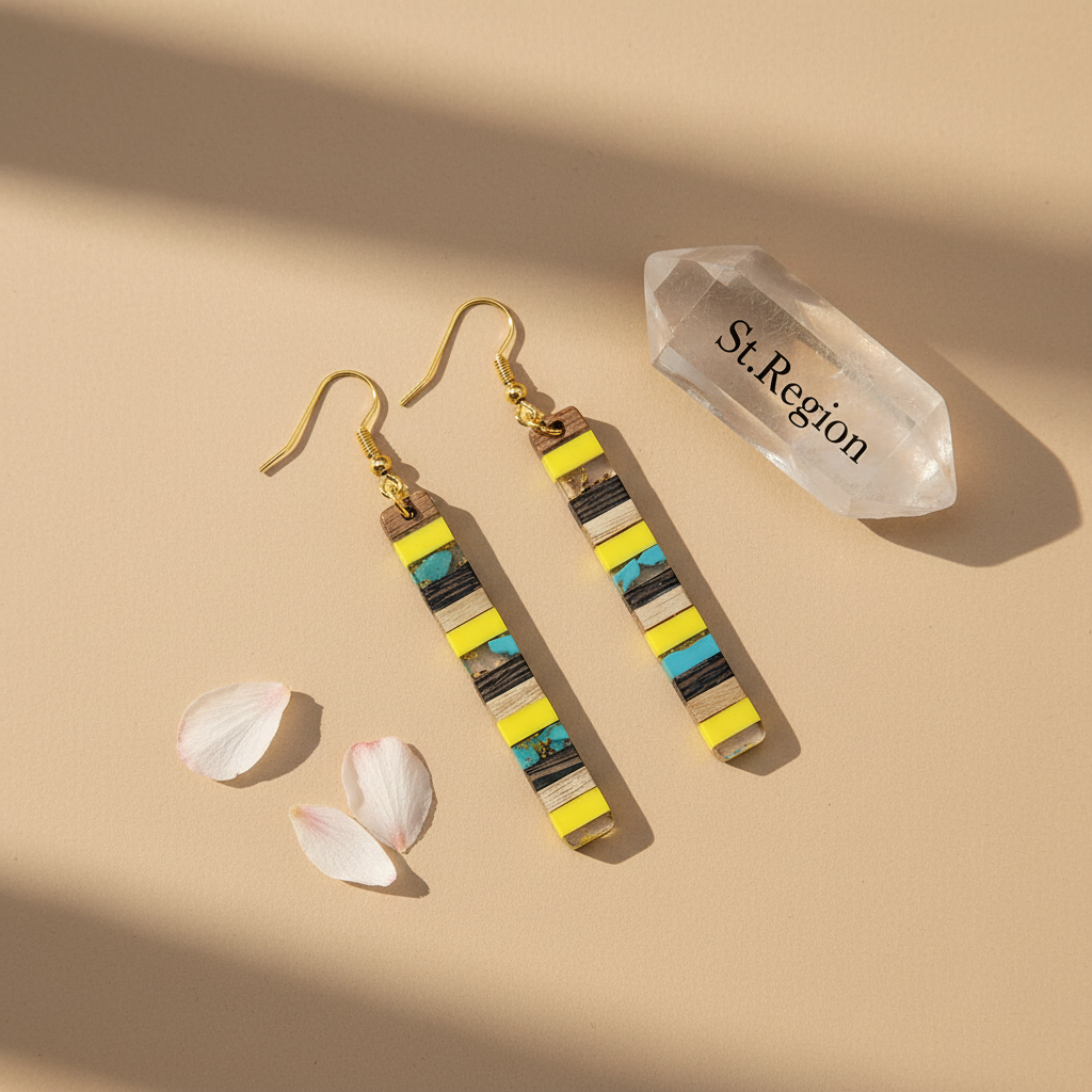 Yellow Resin & Wood Goldtone Striped Bar Hook Earrings
