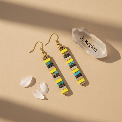 Yellow Resin & Wood Goldtone Striped Bar Hook Earrings