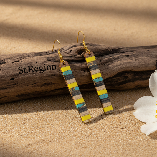 Yellow Resin & Wood Goldtone Striped Bar Hook Earrings