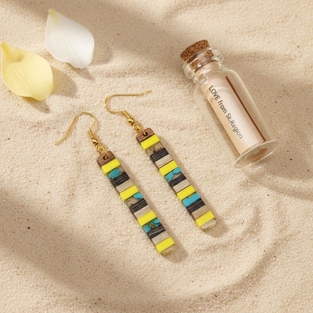 Yellow Resin & Wood Goldtone Striped Bar Hook Earrings