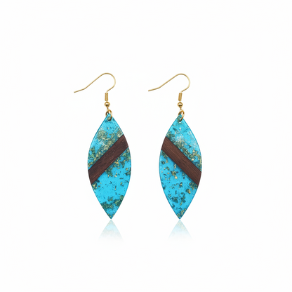 Blue Resin & Wood Goldtone Leaf Hook Earrings