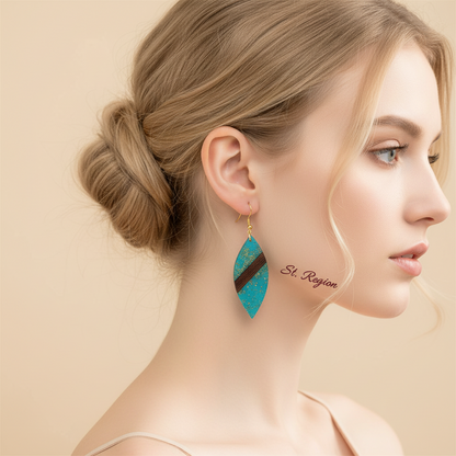 Blue Resin & Wood Goldtone Leaf Hook Earrings