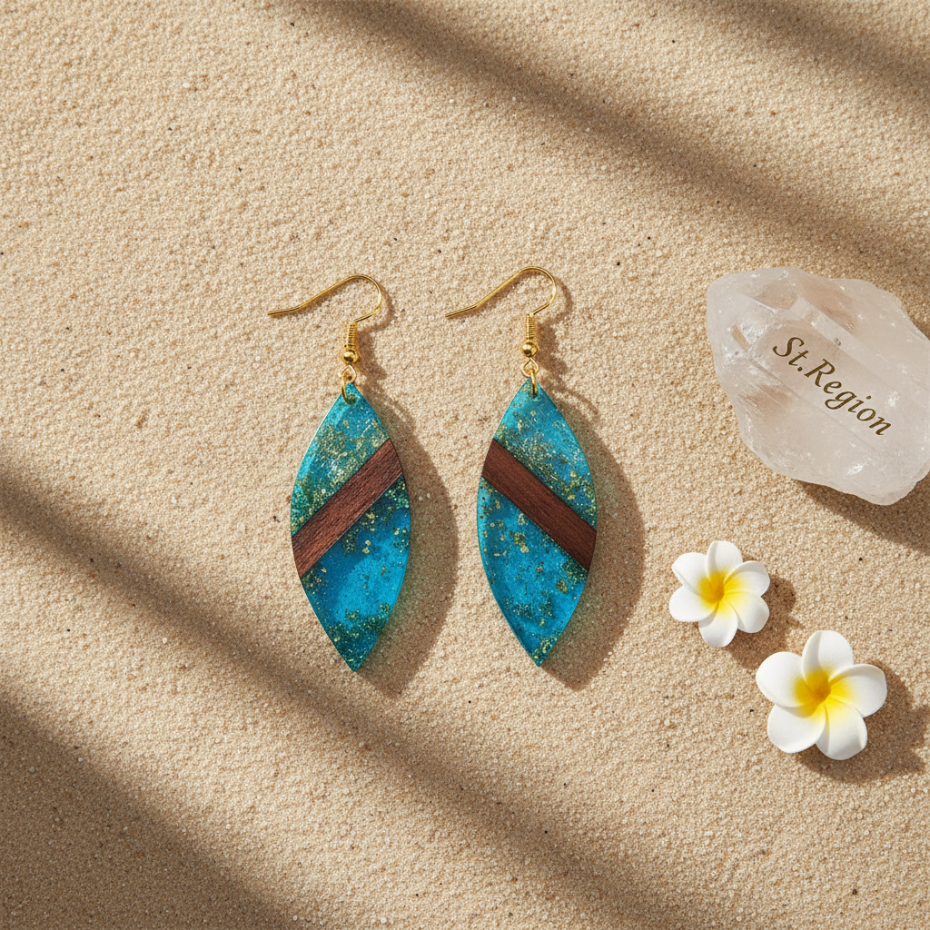 Blue Resin & Wood Goldtone Leaf Hook Earrings