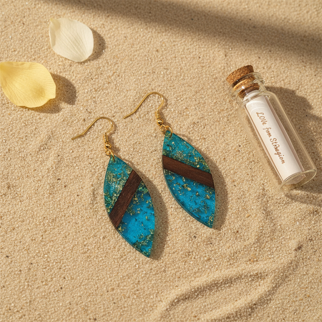 Blue Resin & Wood Goldtone Leaf Hook Earrings