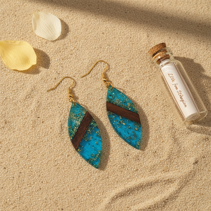 Blue Resin & Wood Goldtone Leaf Hook Earrings