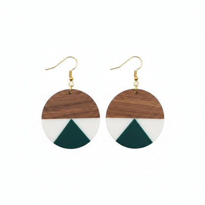 Emerald Green Resin & Wood Goldtone Patchwork Circular Hook Earrings