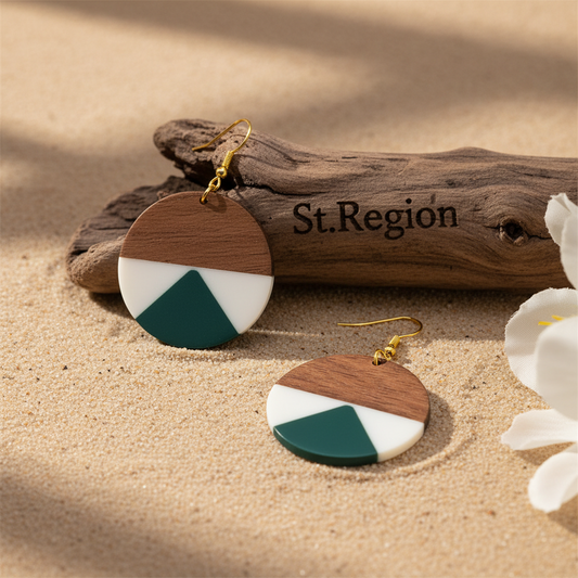 Emerald Green Resin & Wood Goldtone Patchwork Circular Hook Earrings