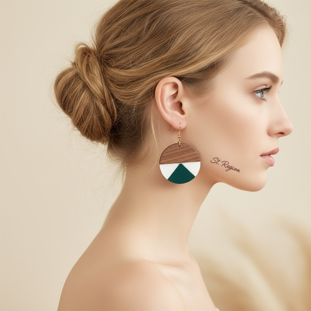 Emerald Green Resin & Wood Goldtone Patchwork Circular Hook Earrings
