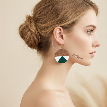Emerald Green Resin & Wood Goldtone Patchwork Circular Hook Earrings