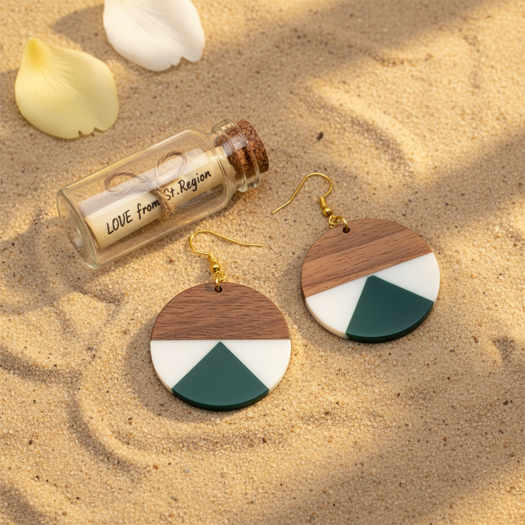 Emerald Green Resin & Wood Goldtone Patchwork Circular Hook Earrings