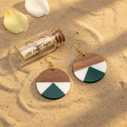 Emerald Green Resin & Wood Goldtone Patchwork Circular Hook Earrings