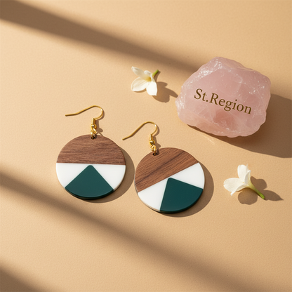 Emerald Green Resin & Wood Goldtone Patchwork Circular Hook Earrings